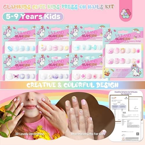 SAVILAND 3D Press on Nails for Kids: 7 Pack Kids Press on Nails for 5-9 Years Pre Glue Full Cover Short Kid Fake Nails Stick On Children Artificial False Nail Tips Fingernails Christmas Gifts for Kid thumbnail 2