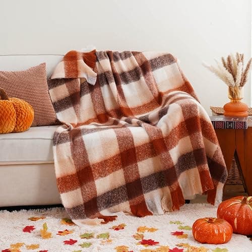 BATTILO Rust Plaid Throw Blanket for Couch Bed, Soft Mohair Tartan Plaid Blanket, Farmhouse Style Checkered Pattern, Fall Throw Blankets for Home Decor(50"x60") thumbnail 3