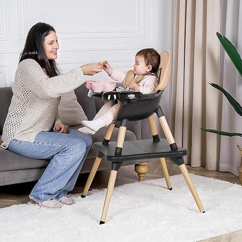 6 in 1 High Chair for Babies & Toddlers, Convertible Wooden Baby Highchair, Table and Chair Set, Baby Feeding Chair, 5-Point Adjustable Harness/4-Position Removable Tray& PU Seat Cushion (Black) thumbnail 2
