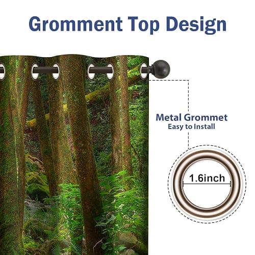 Jekeno Forest Blackout Curtains Green Trees Jungle Mountains Flowing Stream Waterfall Mossy Rocks Nature Scenery Decor Bedroom Living Room Darkening Grommet Window Drapes 2 Panel Set, 42"x54" thumbnail 4