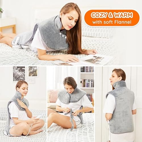 Mia&Coco Electric Heating Pad for Back Neck Shoulders Pain Relief, XL 23"x39" Soft Flannel Wrap, Waist Strap, Fast Heat Hot Therapy 6 Heat Settings, Auto-Off Timer, Machine Washable, Grey thumbnail 4
