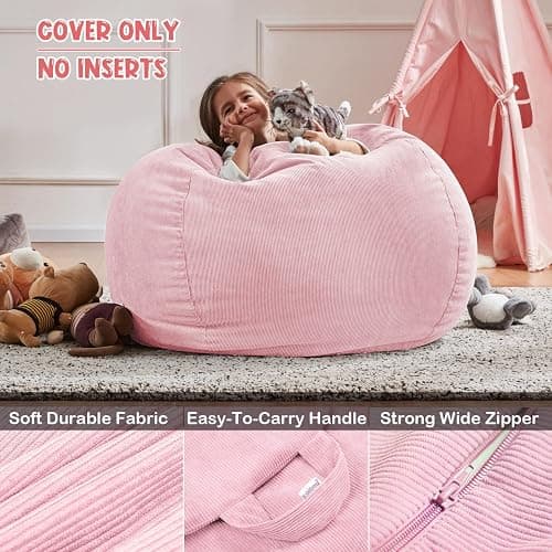 Nobildonna 2.5 ft Bean Bag Chair Cover,Pink 200L | No Filler Washable Stuffed Animal Storage Beanbag Chair Cover 74" Extra Large Opening Premium Corduroy Bean Bag Cover thumbnail 3
