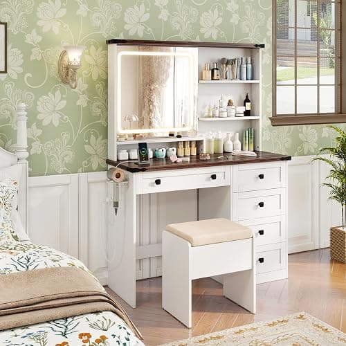 CHARMAID Vanity Desk with Mirror and Lights, Farmhouse Makeup Vanity Desk with 5 Drawers, 3 Shelves, Storage Chair, Charging Station, 42" White Vanity Dressing Table with Stool for Bedroom thumbnail 3