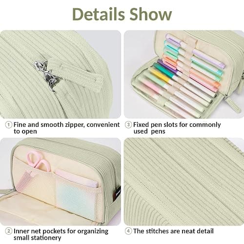 Sooez Big Capacity Pencil Case Pen Pouch, Soft Corduroy Pencil Bag with 3 Compartment, Multiple Pockets, Sturdy Zipper, Cute School Supplies Pen Bag Organizer For Teen Girls College, Green thumbnail 6