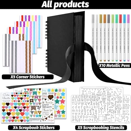GOTIDEAL 80 Pages Scrapbook Album with 10 Metallic Markers,Craft Paper Photo Album for Wedding and Anniversary, Family DIY Scrapbook Accessories with Scrapbooking Stickers Corners(Black)… thumbnail 2