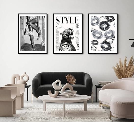 3Pcs Trendy Black and White Leopard Canvas Wall Art Vintage Newspeper Cheetah Wall Decor Fashion Girl Poster Heels Lips Picture Luxury Feminist Painting Print Artwork for Apartment Dorm,Unframed thumbnail 6