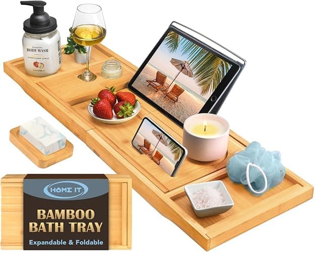 Home It Premium Foldable Bathtub Tray - Bamboo Waterproof Bath Tray for tub Caddy - Wooden Holder for Wine, Book, Soap, Phone, Luxury Gift for Men & Women - Expandable, Fits Most Tubs in Bathroom - Image 1