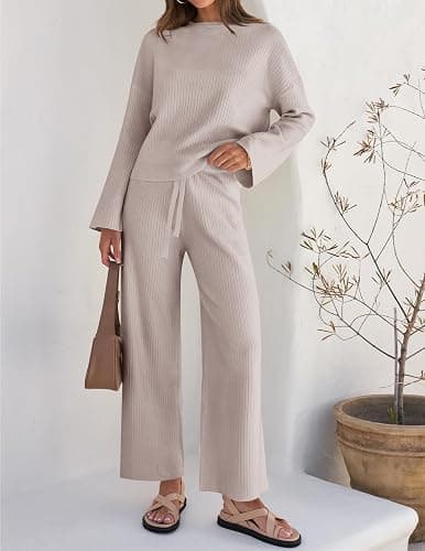 ZESICA Women's 2 Piece Outfits Set 2026 Casual Long Sleeve Knit Pullover Top and Wide Leg Pants Sweatsuit Lounge Sets thumbnail 3