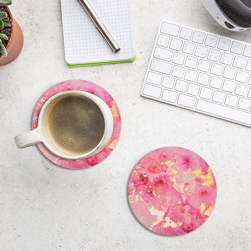 Lemonleaf Cute Pink Gold Drink Coasters Set of 4, 4 Inch Office Absorbent Desk Coasters with Holder thumbnail 2