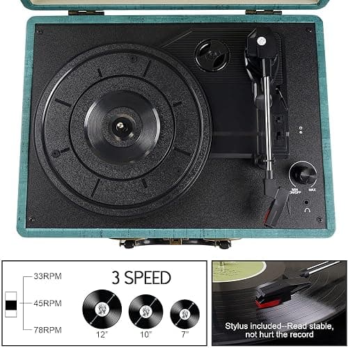 Giradischi Vinile, 3 Velocità (33 1/3, 45 E 78 Giri) stereo Portatile Giradischi, con Altoparlanti Incorporati, Bluetooth, 3.5mm AUX-IN E Jack per Cuffie, Linea RCA thumbnail 4