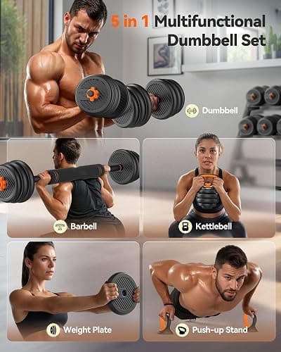 FEIERDUN Adjustable Dumbbells, 20/30/40/45/70/90lbs Free Weight Set with Connector, 5 in1 Dumbbells Set Used as Barbell, Kettlebells, Push up Stand, Weight Plate, Fitness Exercises for Home Gym Suitable Men/Women thumbnail 2