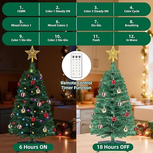 3 FT Small Christmas Tree with Lights, 12 Lighting Modes, Timer&Ornaments, Mini Fake Artificial Xmas Tree for Tabletop, Home, Office, Christmas Decoration Tree Decor thumbnail 5