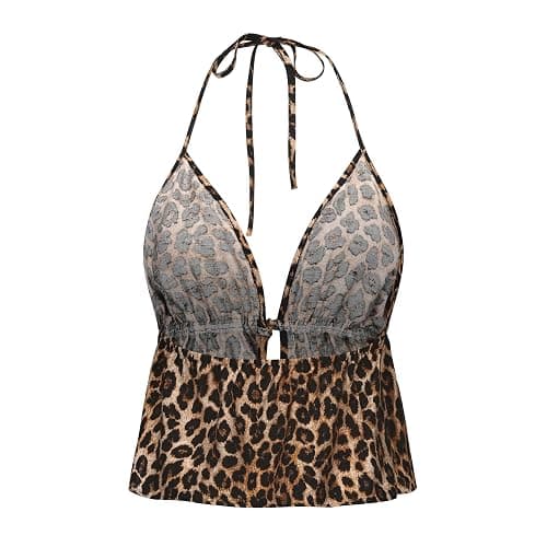 Women's Y2K Cute Summer Leopard Print Halter Top Sexy Tie Front Backless Ruffle Beach Crop Going Out Tops for Women thumbnail 4