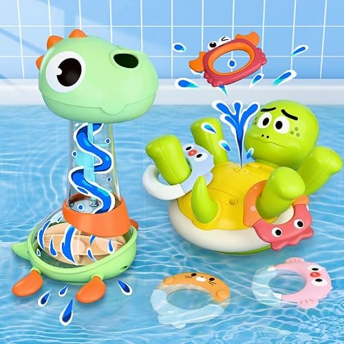 iPlay, iLearn Baby Bath Toy Set, Toddler Bathtub Toy Rechargeable Turtle Sprinkler W/ 5 Rings, Dinosaur Spiral Water Bathtime Shower Summer Birthday Gifts 18 Month 2 3 4 Year Old Kids Boy Girl Infant - Image 1