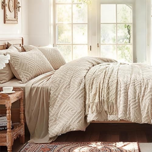 Zzlpp Queen Comforter Set 7 Pieces, Beige Bed in a Bag Queen Size, Tufted Boho Bedding Set with 1 Comforter, 2 Pillow Shams, 2 Pillowcases, 1 Flat Sheet, 1 Fitted Sheet thumbnail 4