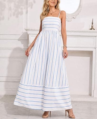 chouyatou Women's Striped Back Smocked Maxi Dress Sexy Spaghetti Strap Cut Out Flowy Swing Long Dress thumbnail 2