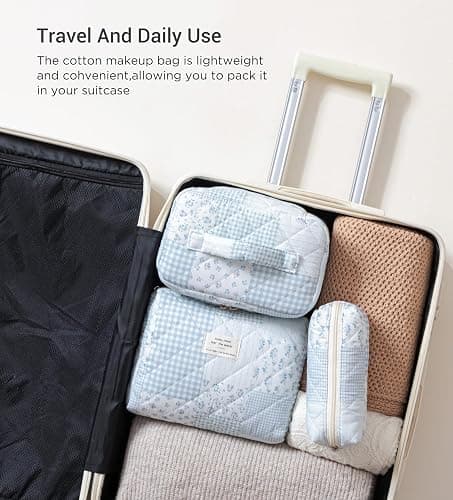 HBselect Quilted Makeup Bag, 3Pcs Cotton Large Travel Makeup Bags Organizer | Cute Floral Make up Bag Cosmetic Bag Toiletry Bag for Women Girls, Makeup Pouch for Skincare, Brushes & Travel Essentials thumbnail 4