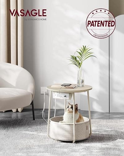 VASAGLE LILEA Collection - Side Table with Charging Station, Round End Table with Fabric Basket, Nightstand with USB Ports, for Living Room, Bedroom, Modern, Cream White ULET228N01 thumbnail 3