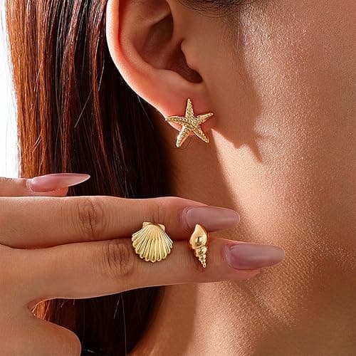 Gold Starfish Shell Earrings for Women Set 3 Pairs Summer Beach Vacation Earrings for Women Ocean Jewelry thumbnail 2