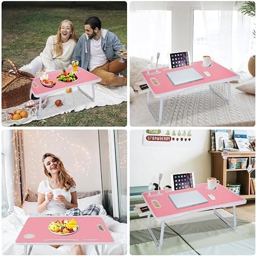 Laptop Bed Table, Laptop Desk for Bed, Foldable Laptop Bed Desk with USB Charge Port, Handle, Desktop Card Slot, Cup Slot, Side Drawer, Portable Laptop Table for Bed Eating Reading Working thumbnail 6