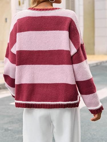 Fisoew Womens Oversized Sweaters Casual Long Sleeve Striped Color Block Crewneck Knitted Loose Fall Pullover Tops thumbnail 4