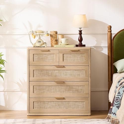 LEYAOYAO Rattan Dresser for Bedroom, 33.5" Tall Chest of Drawers, Modern 5 Drawers Boho Dressers with Storage, Light Oak Dresser Wooden Closet Organizer for Living Room, Hallway, Natural Wood thumbnail 9