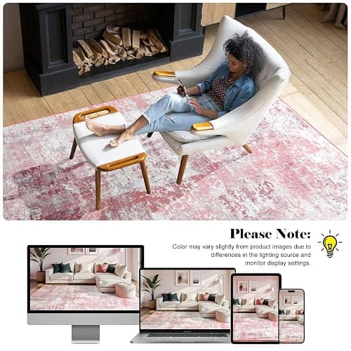 Macgace Washable Abstract Rug, 6x9 Modern Area Rugs with Non-Slip Rubber Backed for Living Room, Thin but Soft Contemporary Carpet Kitchen Bedroom Dining Room Decor, Pink thumbnail 7