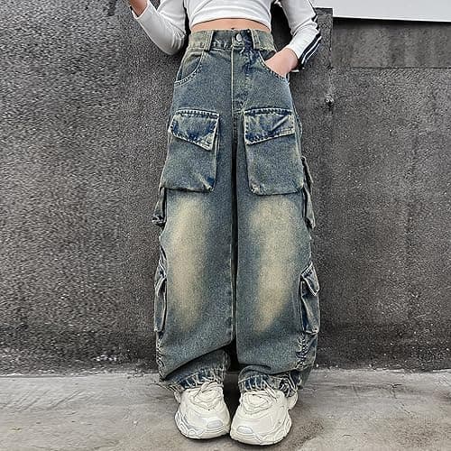 Rolanko Girls Cargo Pants Baggy Y2K Cargo Trousers Jeans Wide Leg Pants with Multi Pockets 4-15 Years - 12-14 - Multi-pockets thumbnail 7
