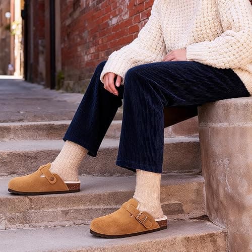 KIDMI Women's Fur Lined Suede Clogs Fuzzy Cork Footbed Mules Slip On Winter Potato Shoes thumbnail 2