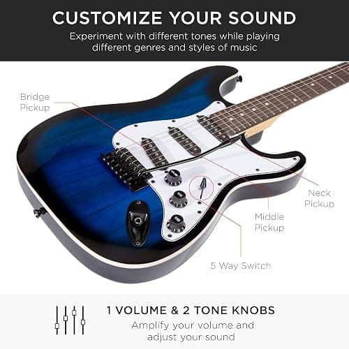 Best Choice Products 39in Full Size Beginner Electric Guitar Starter Kit w/Case, Strap, 10W Amp, Strings, Pick, Tremolo Bar - Hollywood Blue thumbnail 5
