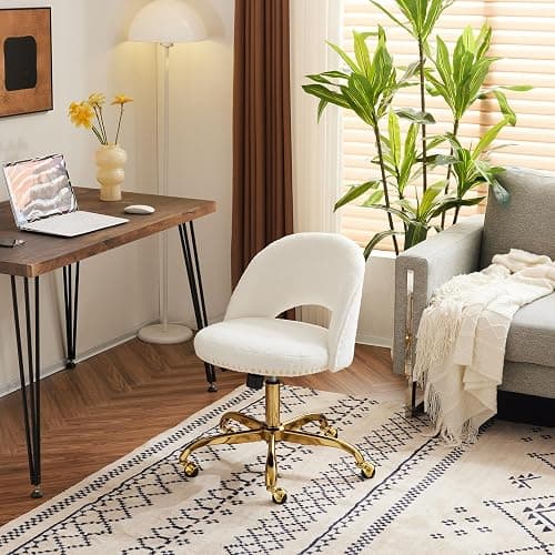 VINGLI Modern Teddy Fluffy Small Office Chair,Cute Desk Chair with Wheels,Gold Base/Studs, Comfy Armless Swivel Vanity Task Chair for Women/Girl/Kids, Nail Tech Chair for Bedroom,Small Space,White thumbnail 9