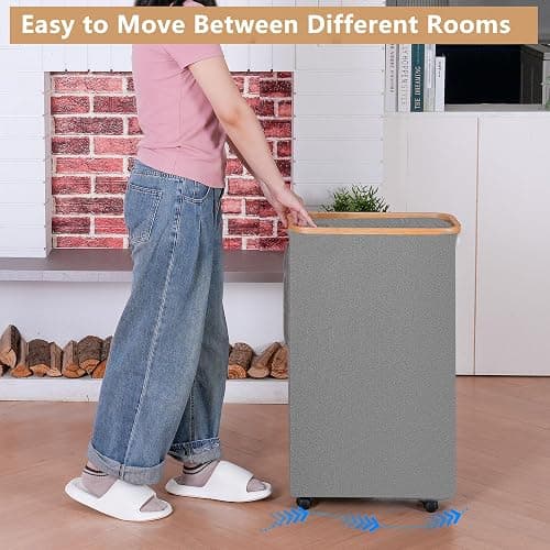 Laundry Basket with Wheels, 110L Beige Clothes Hamper for Laundry, Laundry Hamper with Lid and Inner Bag, for Laundry Room, Bedroom, Dormitory Storage,Beige thumbnail 2