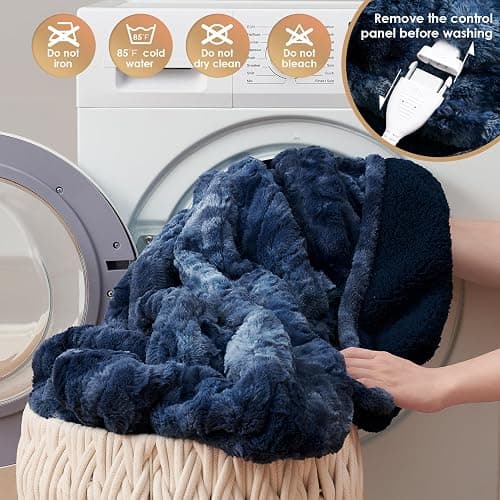 EHEYCIGA Electric Heated Blanket Queen Size Faux Fur, 10 Hours Auto Shut Off 9 Heating Levels Heating Blanket with Dual Control, Soft Warm Heated Blanket Fast Heating Navy Blue, Faux Fur & Sherpa - Navy Blue - Queen thumbnail 7