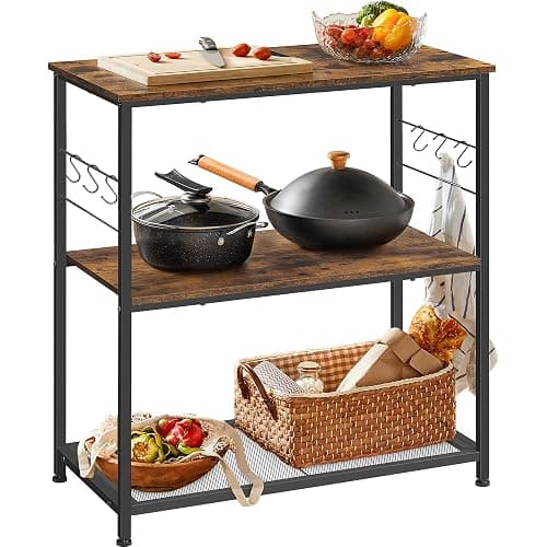 VASAGLE Bakers Rack, Kitchen Shelf, Kitchen Island, Microwave Oven Stand with 3 Open Shelves, 6 Hooks, Metal Frame, 15.7 x 31.5 x 35.4 Inches, Industrial, Rustic Brown and Black UKKI002B01 - Image 1