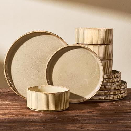 Stoneware Dinnerware Sets, Handcrafted Double Reactive Glaze Plates and Bowls for Everyday & Formal Dining, Microwave & Dishwasher Safe, Scratch Resistant Dishes Service for 4 (12-Piece), Cream - Image 1