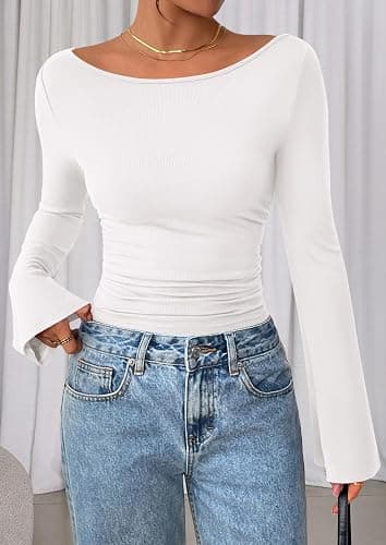 PRETTYGARDEN Womens Long Sleeve Shirts 2026 Spring Crop Going Out Tops Casual Boat Neck Bell Sleeve Ribbed Ruched Y2K Clothes thumbnail 9