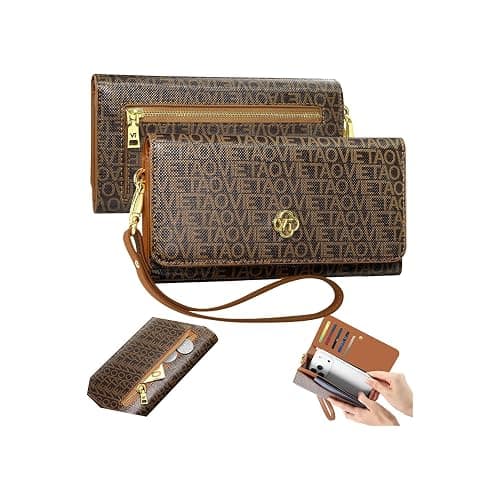 VelaStyle Womens Wallet, RFID Blocking Wristlet Wallets for Women, Large Capacity Leather Clutch Purse for Ladies Daily Use and Travel, Card & Phone Holder - Brown - Image 1