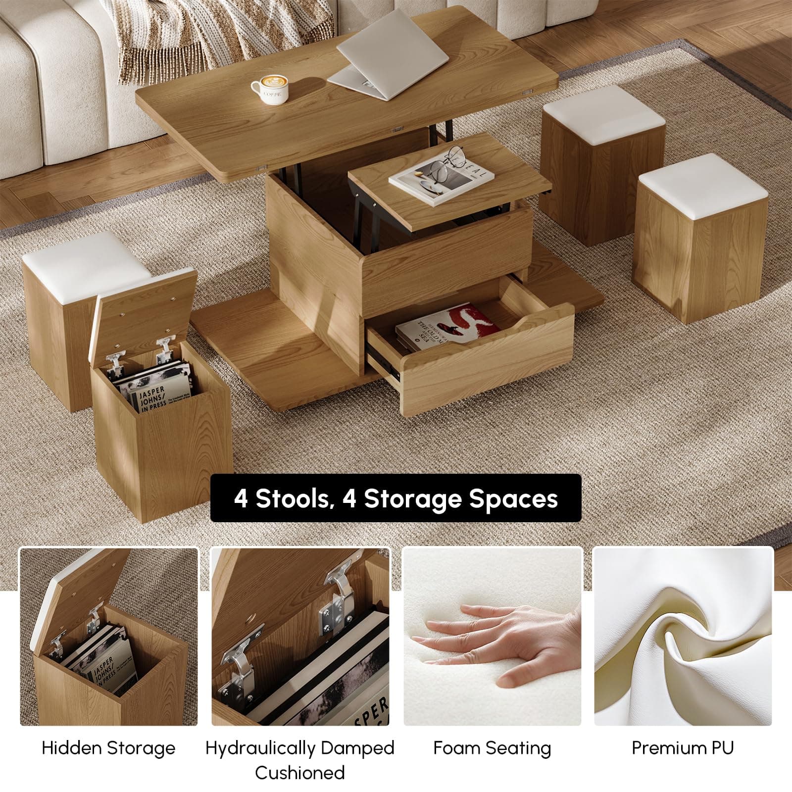 Homary Lift-up Wooden Coffee Table with 4 Hidden Soft Chairs, Hydraulic Swivel, Extendable Dining & Work Table, Built-in Storage, Space-Saving for Living Rooms & Flats thumbnail 3