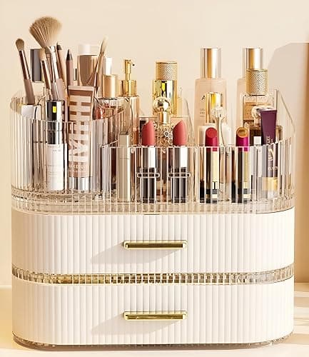 SpaceLuxe Makeup Organizer with Drawers and 360° Rotating Brush Holder, Large Capacity Cosmetic Storage for Vanity, Skincare, Perfume, Hair Accessories, Lipstick & Jewelry (Cream White, 3-layer) - Image 1