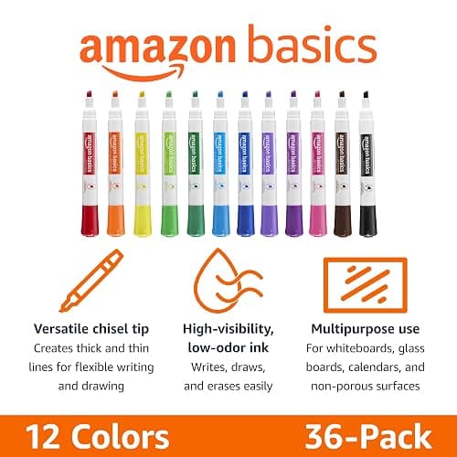 Amazon Basics Low-Odor Dry Erase Whiteboard Markers, Chisel Tip, 12 Assorted Colors, 36 Count thumbnail 3