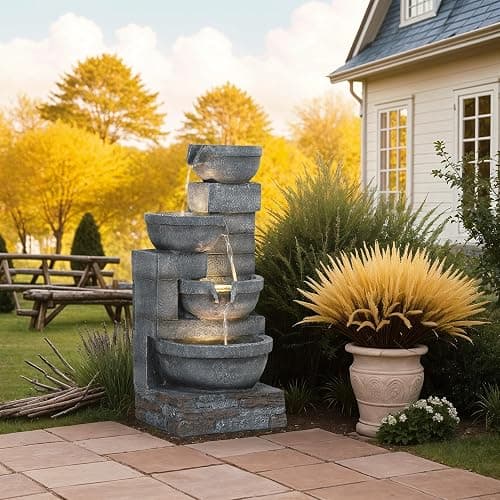 Outsunny 30" Tall Outdoor Waterfall Fountain with LED Lights, 4-Tier Resin Cascading Water Bowls with Pump, Gray thumbnail 9