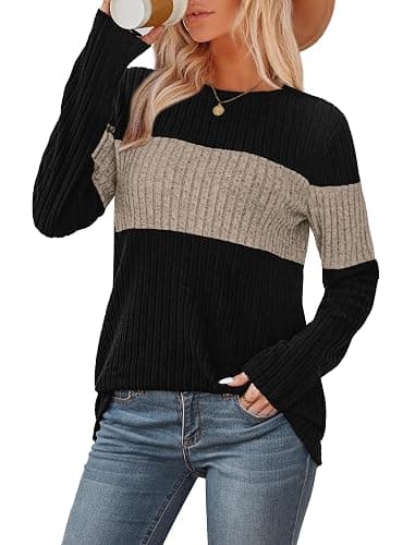 WIHOLL Womens Sweaters Trendy Color Block Tops Long Sleeve Shirts Fall Outfits Early Fall Fashion 2025 Winter Clothing thumbnail 2
