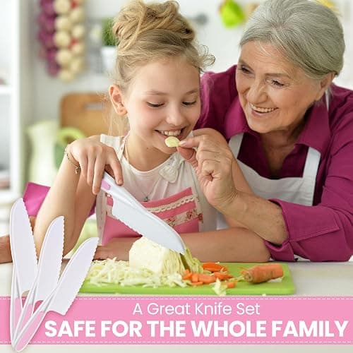 Zulay 3-Piece Kids Knife Set for Real Cooking & Baking - Toddler Knives for Cutting Fruits, Veggies, & Cake - Children’s Montessori Knife with Serrated Edges - Safe & Fun Lettuce Knife (Pink) thumbnail 7