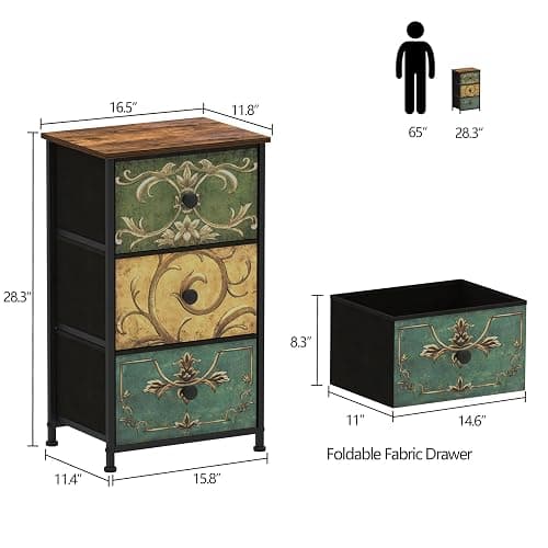 Tohomeor Small Dresser for Bedroom with Retro Flower Narrow Drawers Slim Chest of Drawers Skinny Nightstand Sofa End Table for Living Room Entryway Closet Storage (Multi, 3 Drawers) thumbnail 3