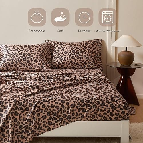 MR&HM Satin Bed Sheets with Elastic Corner Straps, Queen Size Sheets Set, 4 Pcs Silky Bedding Set with 15 Inches Deep Pocket for Mattress (Queen, Brown Leopard) thumbnail 6