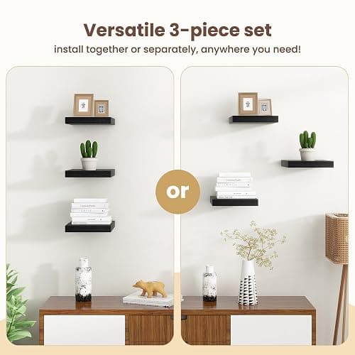 Fun Memories Floating Shelves for Wall - 12 Inch Square Shelves with Invisible Brackets, Black Small Wall Shelf for Living Room, Bathroom, Bedroom, and Kitchen Decor，Set of 4 thumbnail 5