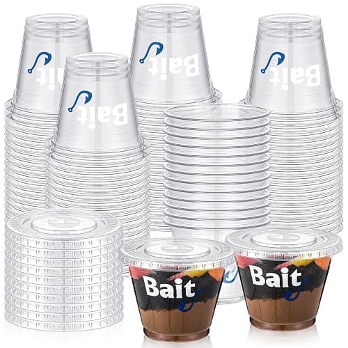 SiliFine 100 Pcs Fishing Party Favors 8/9 oz Bait Cups with Lids Disposable Bulk Plastic Bait Cups for Water Wine Coffee Cake Fishing Birthday Baby Shower Favors Decor (Clear,9 oz) - Image 1
