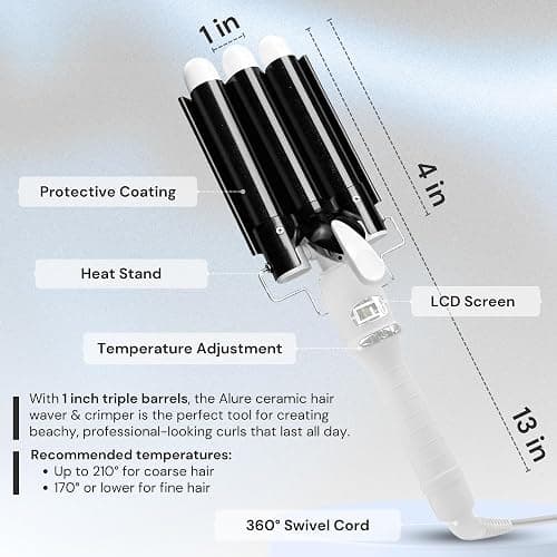Alure Three Barrel Curling Iron Wand Hair Waver with LCD Temperature Display - 1 Inch Ceramic Tourmaline Triple Barrels, Dual Voltage Crimp (Black/White) thumbnail 6