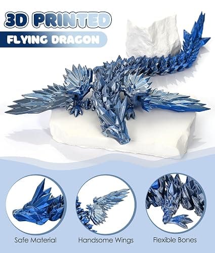 GemmiCho 3D Printed Dragon with Wings, 11" 3D Printed Dragon Toys, 3D Dragon for Stress Relief, 3D Printed Animals Figurines Fidget Dragon Toys (Silver Blue) thumbnail 3