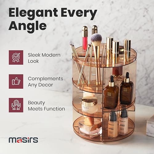 Masirs 360 Rotating Makeup Organizer - Adjustable Shelf Height and Fully Rotatable - The Perfect Round Spinning Cosmetic Organizer for Bedroom Dresser or Vanity Countertop Storage (Brown) thumbnail 6